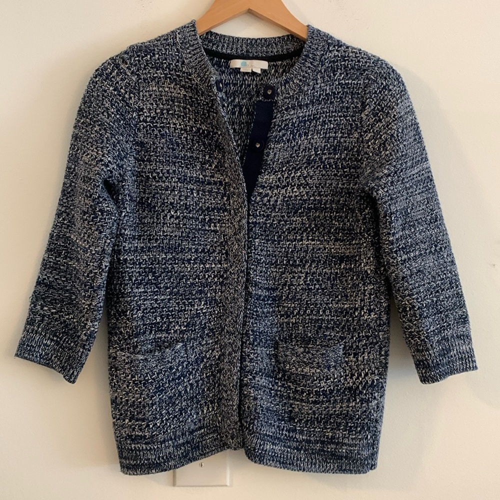 Boden Blue & White Marled Knit Snap Button Crew Neck Sweater Jacket Size Small